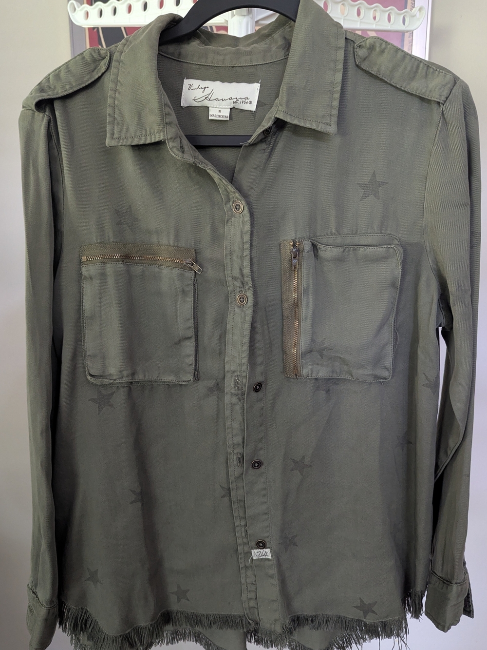 $12 Vintage Havana Women's S Star Print Tencel Utility Shirt Jacket Olive Green